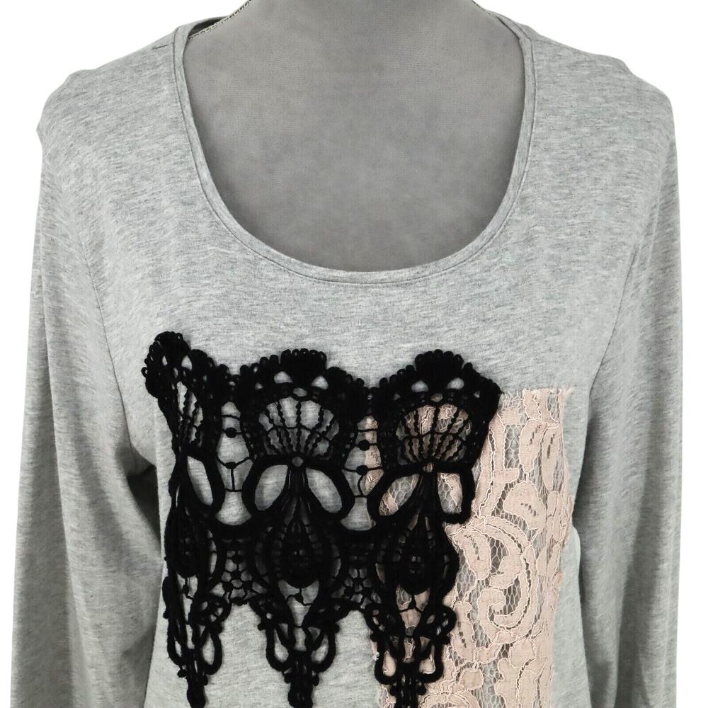 Chicos Zenergy Top 3 Womens XL 16 Gray T-shirt Lace Scoop Neck Pullover Whimsy - Picture 6 of 13